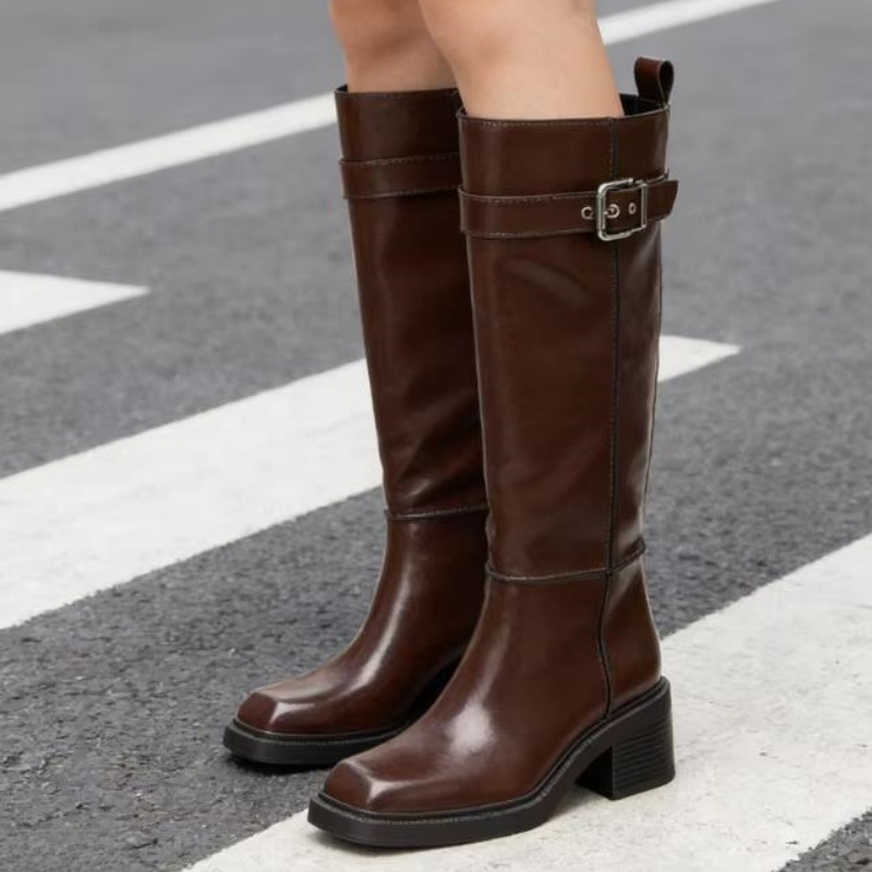 Vintage Zipper - British Style Brown Knee Boots Women